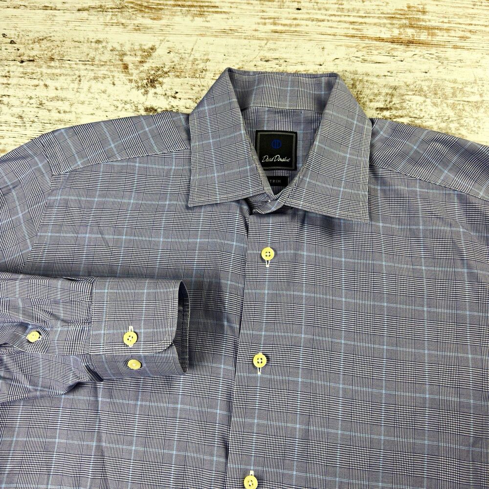David Donahue Dress Shirt 16.5 34/35 Trim Fit Blue White Glen Plaid 100%Cotton